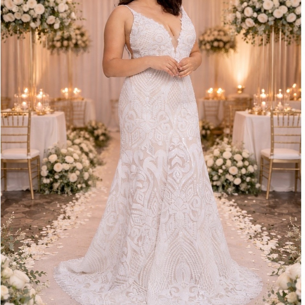 Leigh Siena Celine Gown Ivory Sequin Lace Mermaid Wedding Dress Size 16 NEW